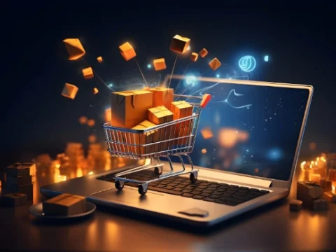 Laptop mit Einkaufswagen für Charity-Shopping